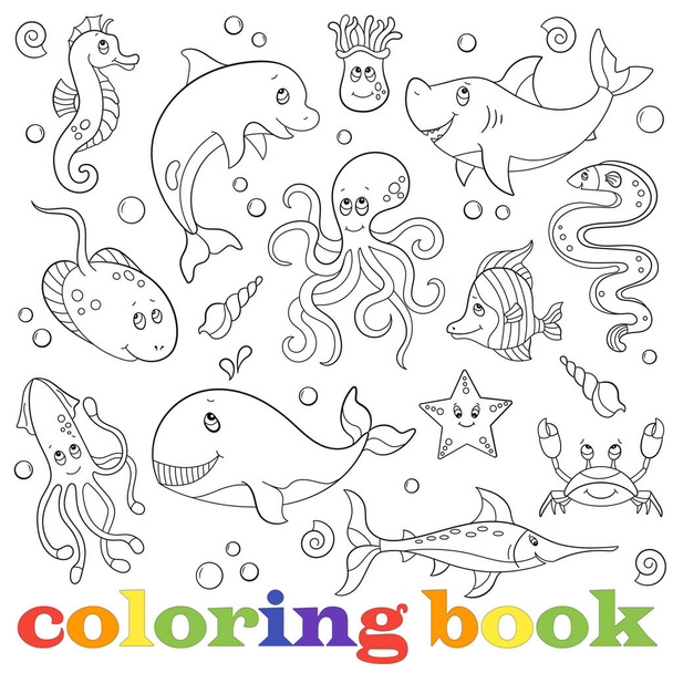 Un conjunto de ilustraciones de contorno con vida marina, divertidos animales de dibujos animados sobre un fondo azul, libro para colorear
 - Vector, imagen