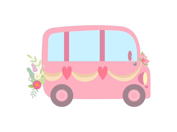 Schattig roze Vintage busje versierd met linten, bloemen en harten, romantische bruiloft Retro Mini bus, Side View vector illustratie - Vector, afbeelding