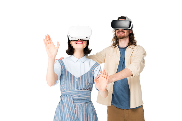 young man holding girl while using VR headset isolated on white - 写真・画像
