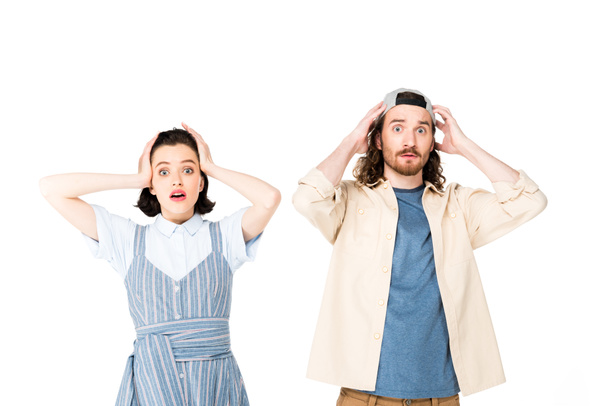 shocked two people holding heads with hands isolated on white - Φωτογραφία, εικόνα