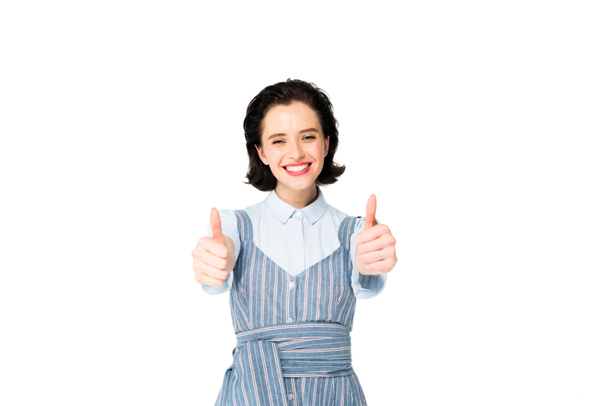 beautiful girl showing thumbs up isolated on white - Foto, afbeelding