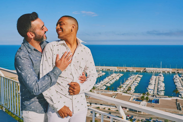um gay casal no um ensolarado verão dia com o mar atrás deles
 - Foto, Imagem