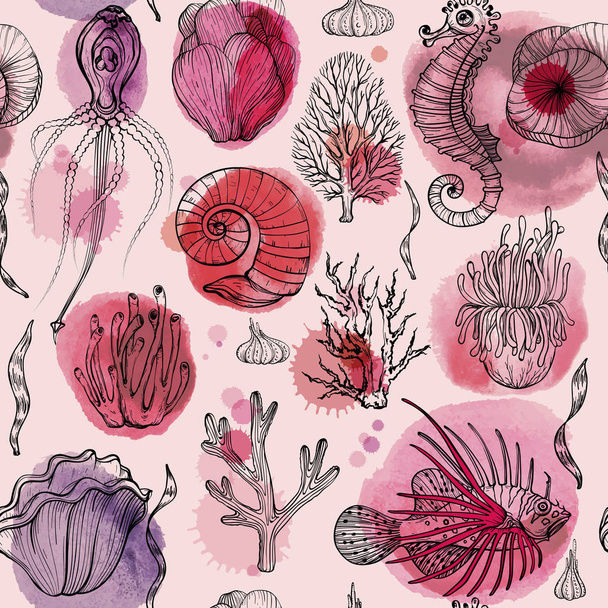 Seamless pattern with watercolor deepwater organisms - Vektor, obrázek