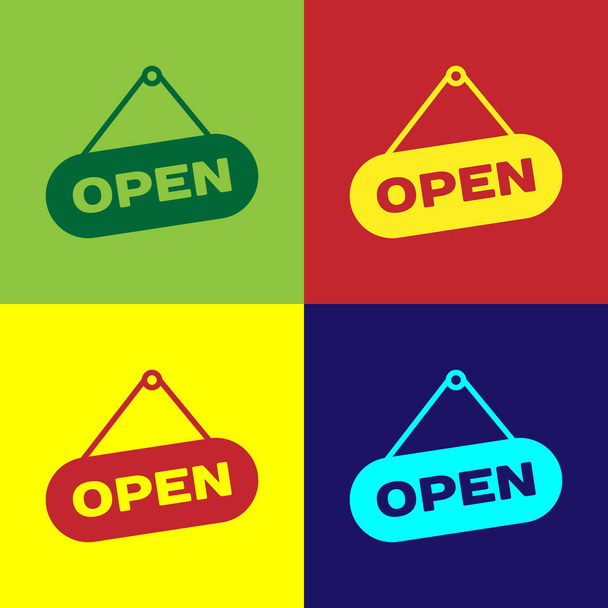 Color Signo colgante con texto Icono de puerta abierta aislado en fondos de color. Ilustración vectorial
 - Vector, imagen