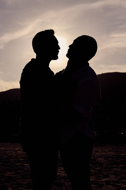 un gay interracial couple au coucher du soleil
 - Photo, image