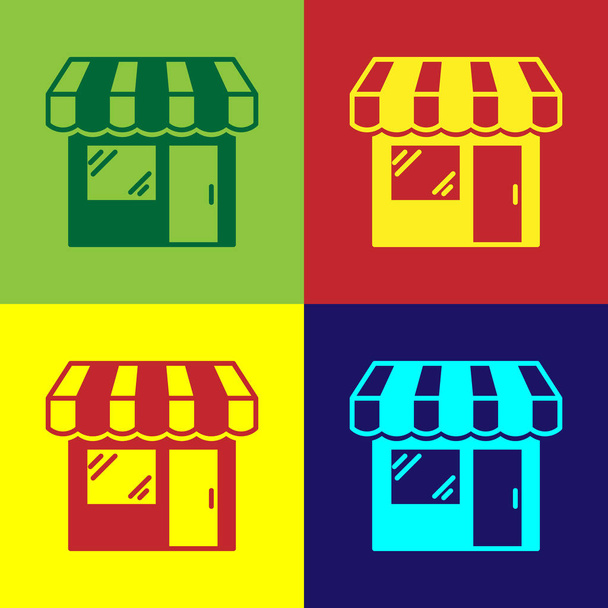 Színes bevásárló épület vagy piaci üzlet ikonja izolált színes háttérrel. Shop építése. Vektoros illusztráció - Vektor, kép