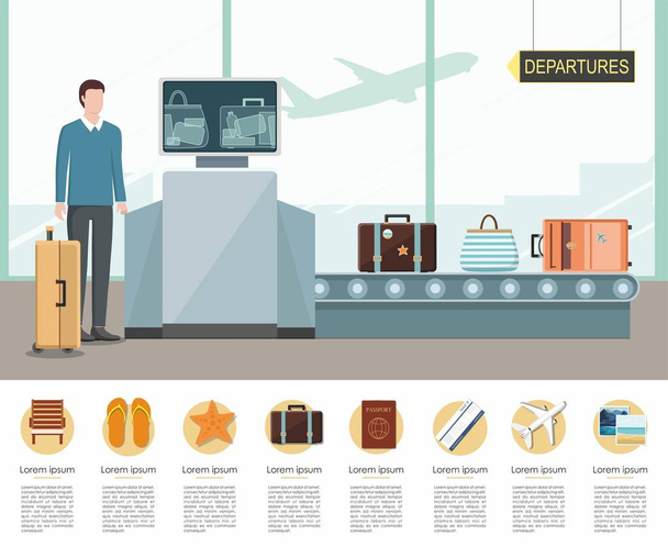 Luggage scanner  with passenger luggage in airport - Vector, Image