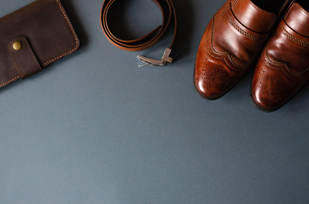 Flat lay with men's accessories on a gray stylish background. - Photo, image
