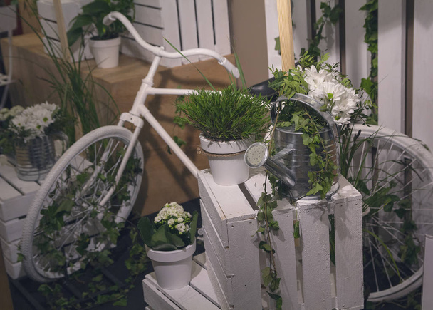 Arrosoir de fleurs d'un vieux vélo. Paysages villageois
 - Photo, image