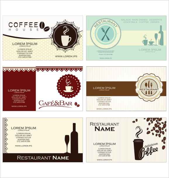 Set of 6 business cards for cafe and restaurant - Vektör, Görsel