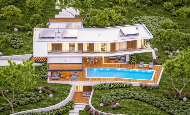 3D-rendering van modern huis op de heuvel met zwembad in de avond - Foto, afbeelding