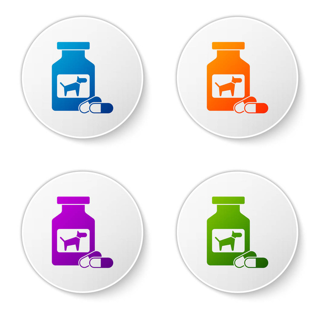 Colore Bottiglia di medicina cane e pillole icona isolata su sfondo bianco. Contenitore con pillole. Medicina prescritta per animali. Imposta le icone nei pulsanti del cerchio. Illustrazione vettoriale
 - Vettoriali, immagini