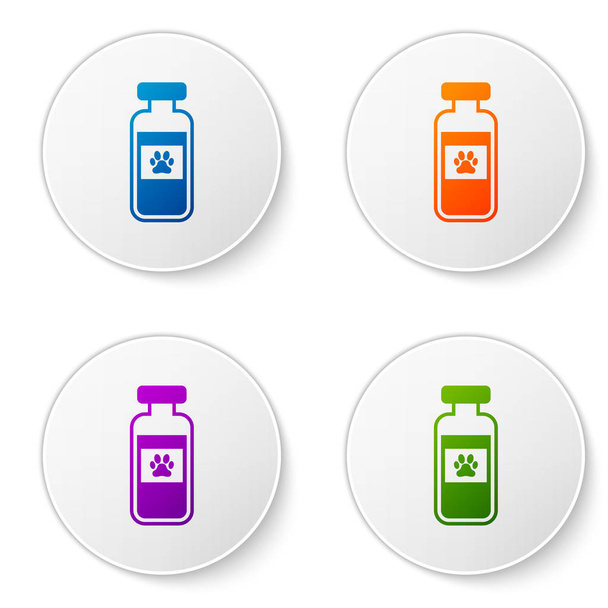 Beyaz arka plan üzerinde izole Renk Pets şişe tıbbi simgesi. Hayvanlar için reçeteli ilaç. Simgeleri daire düğmelerine ayarlayın. Vektör İllüstrasyonu - Vektör, Görsel
