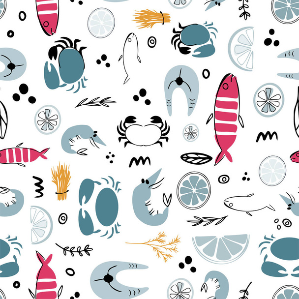 Hand getekende vector naadloze patroon. Achtergrond van de Seafoods. keukengerei ontwerpelementen. Keuken textiel. Schetsen van keukengerei - Vector, afbeelding