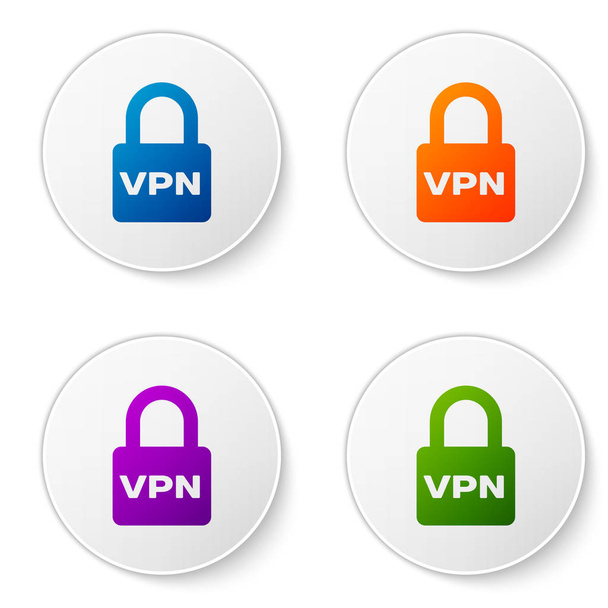 Цветной замок VPN значок изолирован на белом фоне. Установите иконки в кнопки круга. Векторная миграция
 - Вектор,изображение