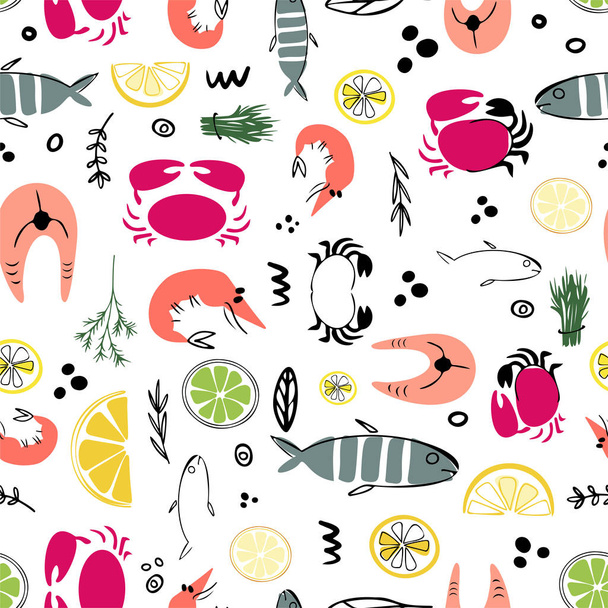 Hand getekende vector naadloze patroon. Achtergrond van de Seafoods. keukengerei ontwerpelementen. Keuken textiel. Schetsen van keukengerei - Vector, afbeelding