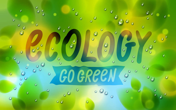 Ecology word drawn on a window, fresh green leaves and water rai - Vektör, Görsel
