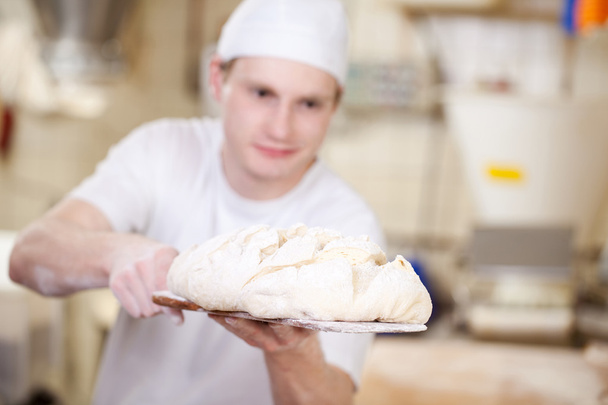 Baker putting bread dough in the oven - Foto, immagini