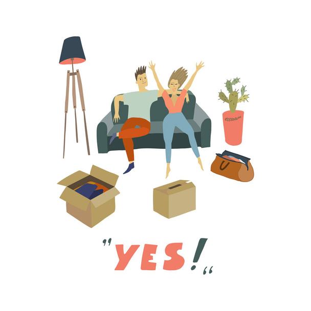 Man and woman sitting on the sofa . Cardboard boxes and valise on the floor Removal into a house - Vector, Image