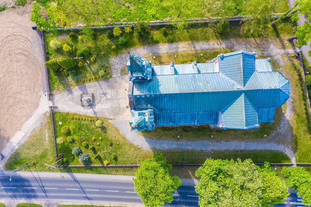 Aerial photo of a Catholic Church. Green. Spring time - Photo, Image