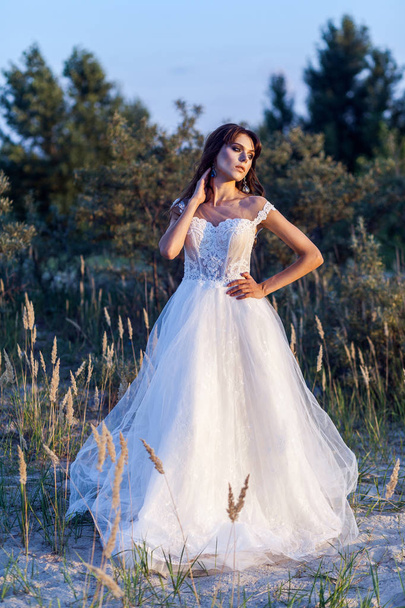 attractive brunette woman with makeup and hairstyle wearing white wedding dress while posing at glade - Фото, зображення