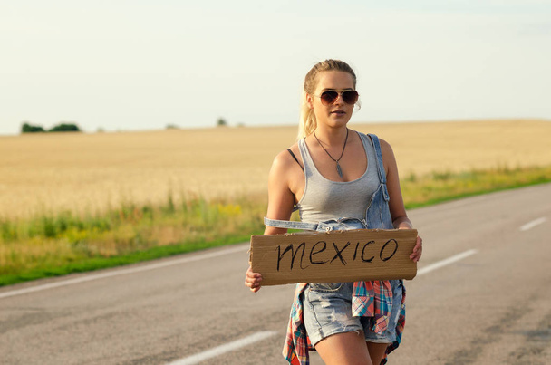 Beautiful Girl Hitchhiking On The Road Traveling. - Photo, Image