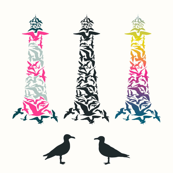 set of lighthouses made of seagulls silhouettes, vector illustration - Vector, Image