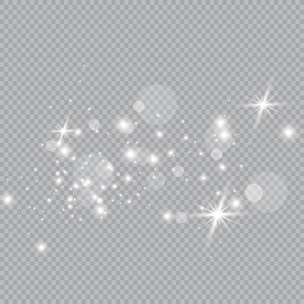 Staubweiß. weiße Funken und goldene Sterne leuchten mit besonderem Licht. Vektor funkelt auf einem transparenten Hintergrund. Weihnachten abstraktes Muster. funkelnde magische Staubpartikel. - Vektor, Bild