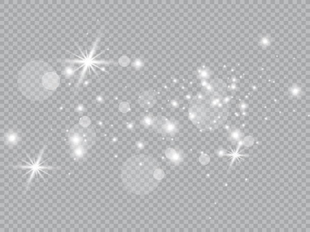 Branco de poeira. Faíscas brancas e estrelas douradas brilham com luz especial. O vetor brilha sobre um fundo transparente. Natal padrão abstrato. Partículas de poeira mágicas espumantes
. - Vetor, Imagem