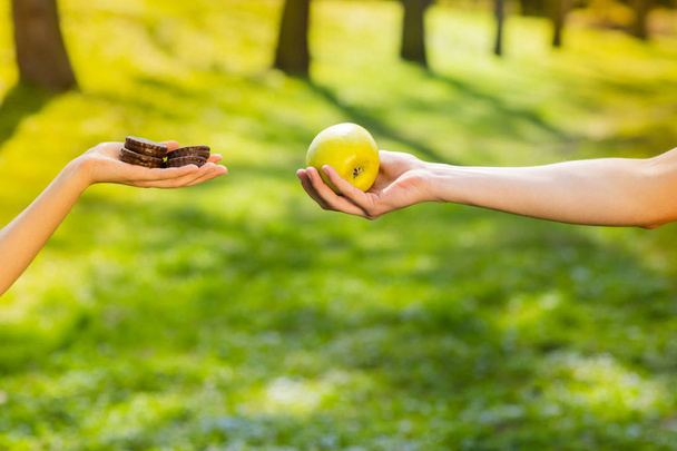 Deux mains, femelle et mâle, tenant et comparant biscuit et pomme. Contexte du parc vert
 - Photo, image