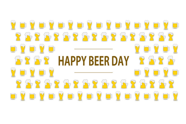 カラフルなビールマグカップと背景に幸せなビールの日フラットレタリング。国民のお祝い。クリエイティブカードテンプレート - ベクター画像