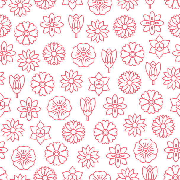 Spring flowers flat line seamless pattern - narcissus, crocus, f - ベクター画像