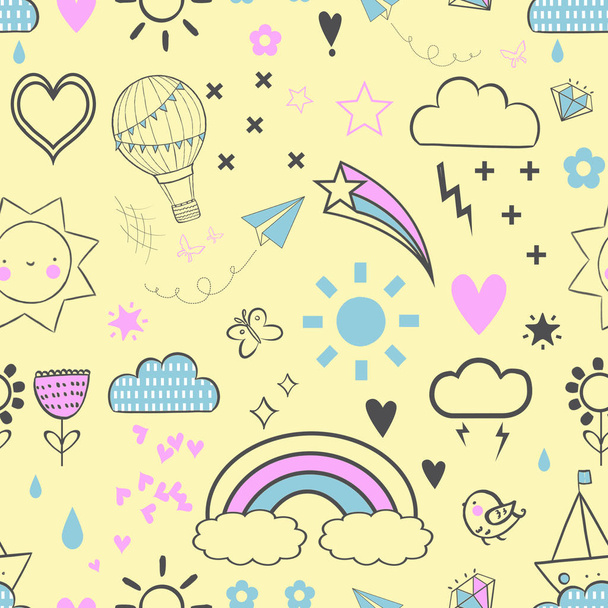 Leuke kleurrijke naadloze patroon van hand getrokken doodle elementen op gele achtergrond. Regenboog, sterren, wolken, zon, bloemen patroon. - Foto, afbeelding