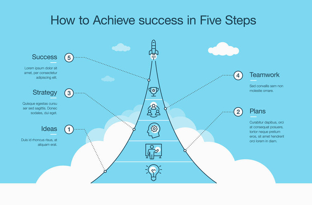 Απλό διάνυσμα Πληροφοριακό γράφημα για το πώς να επιτύχει την επιτυχία σε πέντε βήματα με διαστημικό πύραυλο και εικονίδια μπλε έκδοση. Εύκολο στη χρήση για τον ιστότοπό σας ή την παρουσίασή σας. - Διάνυσμα, εικόνα