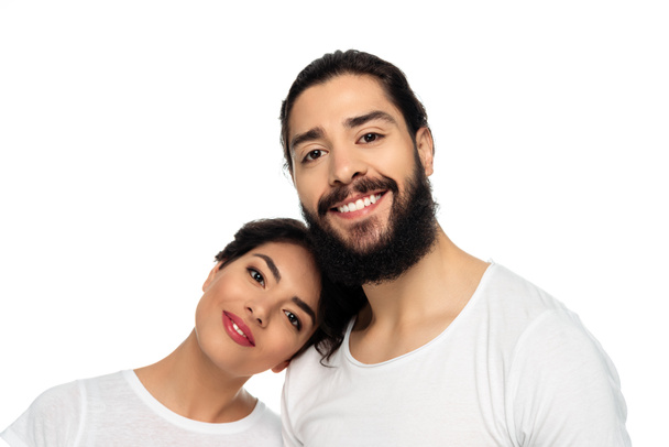 cheerful latin man and woman smiling isolated on white  - Fotoğraf, Görsel