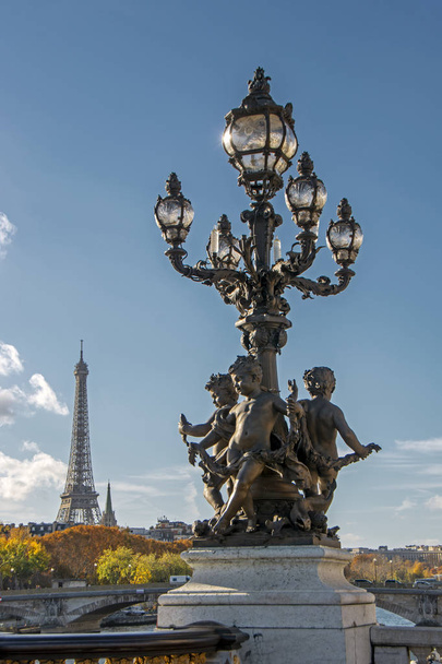Pont Alexandre III brug (1896) versierd met sierlijke art nouveau lampen en sculpturen in Parijs, Frankrijk met Eiffel toren op de achtergrond. Mooie bronzen sculpturen en vintage lamp - Foto, afbeelding