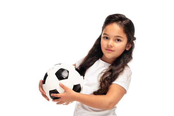 adorable child holding soccer ball isolated on white  - Фото, зображення