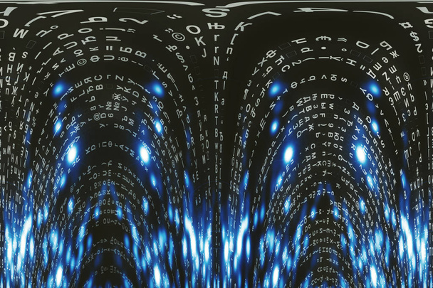 Blue matrix digital background. Distorted cyberspace concept. Characters fall down. Matrix from symbols stream. Virtual reality design. Complex algorithm data hacking. Cyan digital sparks. - Photo, Image