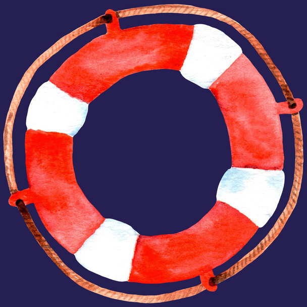 Vodní barevný záchranný kruh. Námořní ilustrace. Izolován na modrém pozadí. Milostné léto.  - Fotografie, Obrázek