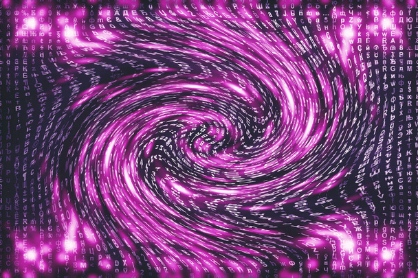 Pink matrix digital background. Distorted cyberspace concept. Characters fall down in wormhole. Hacked matrix. Virtual reality design. Complex algorithm data hacking. Pink digital sparks. - Photo, Image