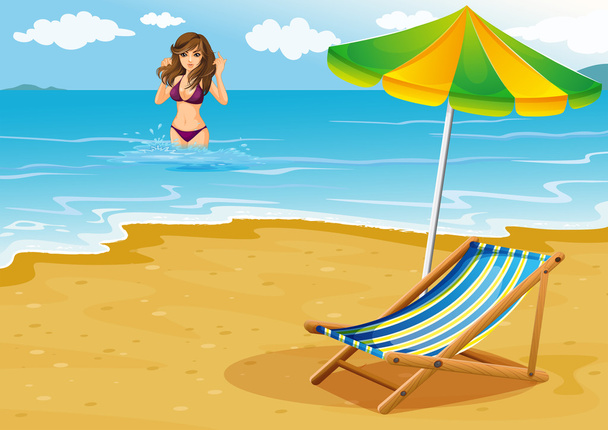 een strand met een dame in een paarse bikini - Vector, afbeelding