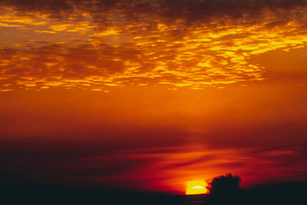 Aurinko paistaa pilvissä. Ihana, eloisa aamu. Kaunis rauhallinen oranssi auringonlasku. Scenic surrealistinen auringonnousu. Hämmästyttävä punainen pilvinen taivas. Kuvauksellinen auringonlasku. Ilmakehän pilvimaisema. Auringon ympyrä horisontin yläpuolella
. - Valokuva, kuva