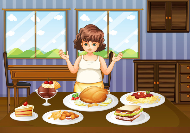 eine dicke Dame vor einem Tisch mit vielen Lebensmitteln - Vektor, Bild