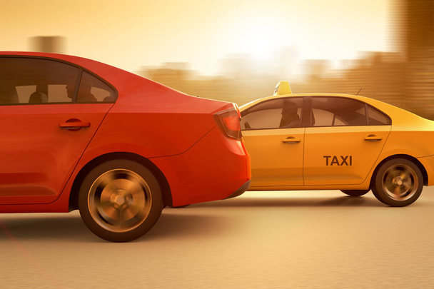 通常のタクシーとアプリベースのサービス間のレースの概念的なイメージの3Dレンダリング - 写真・画像