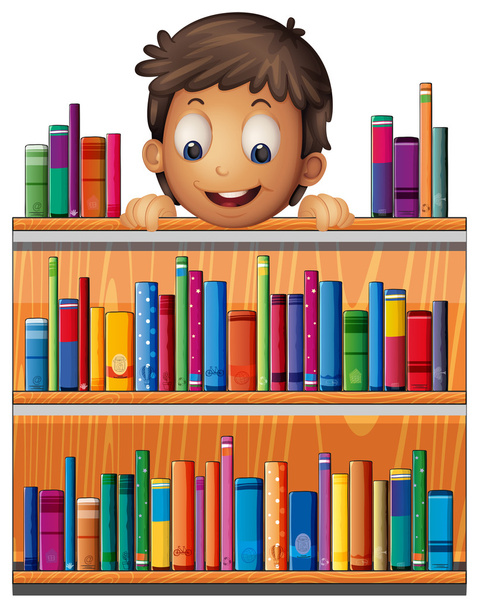 Um menino na parte de trás de uma prateleira de madeira com livros
 - Vetor, Imagem