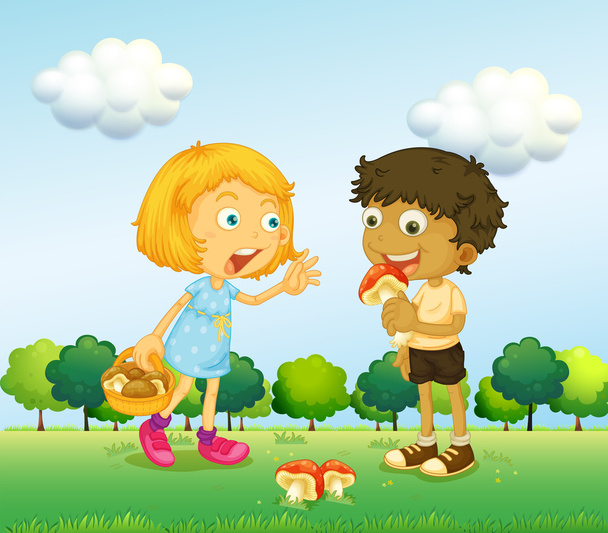 Une fille et un garçon ramassant des champignons
 - Vecteur, image