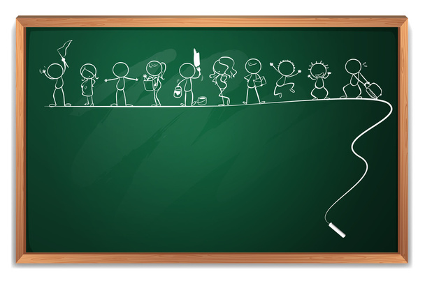 A chalkboard with a drawing of kids playing different sports - Vector, Image