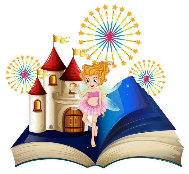 A storybook with a fairy, a castle and fireworks - Vector, Image