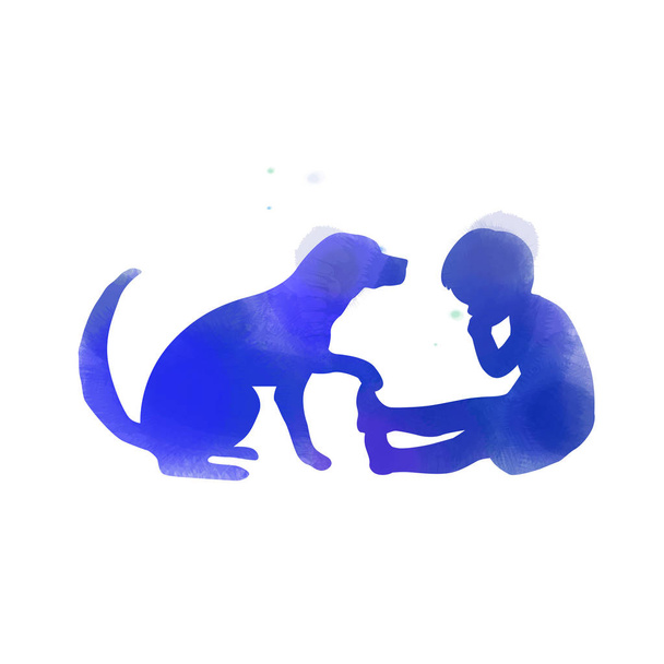 Lemmikkieläinten hoitoa. Poika itkee koira siluetti akvarelli backgr
 - Vektori, kuva