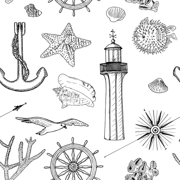 Військово-морський безшовний векторний візерунок набір символів морського силуету. Галлз, шолом, кермо, якір, легкий будинок, раковина, вітрова троянда, морська зірка, морська зірка
 - Вектор, зображення